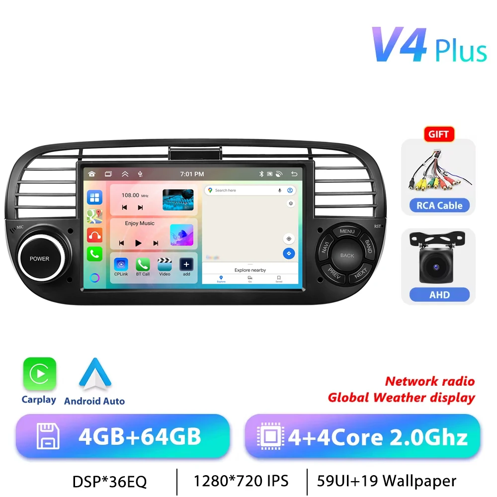Podofo CarPlay Android Radio Voor Fiat 500 2007-2015 Auto Intelligent Systeem 2din GPS Stereo Ontvanger FM RDS autoradio Head Unit