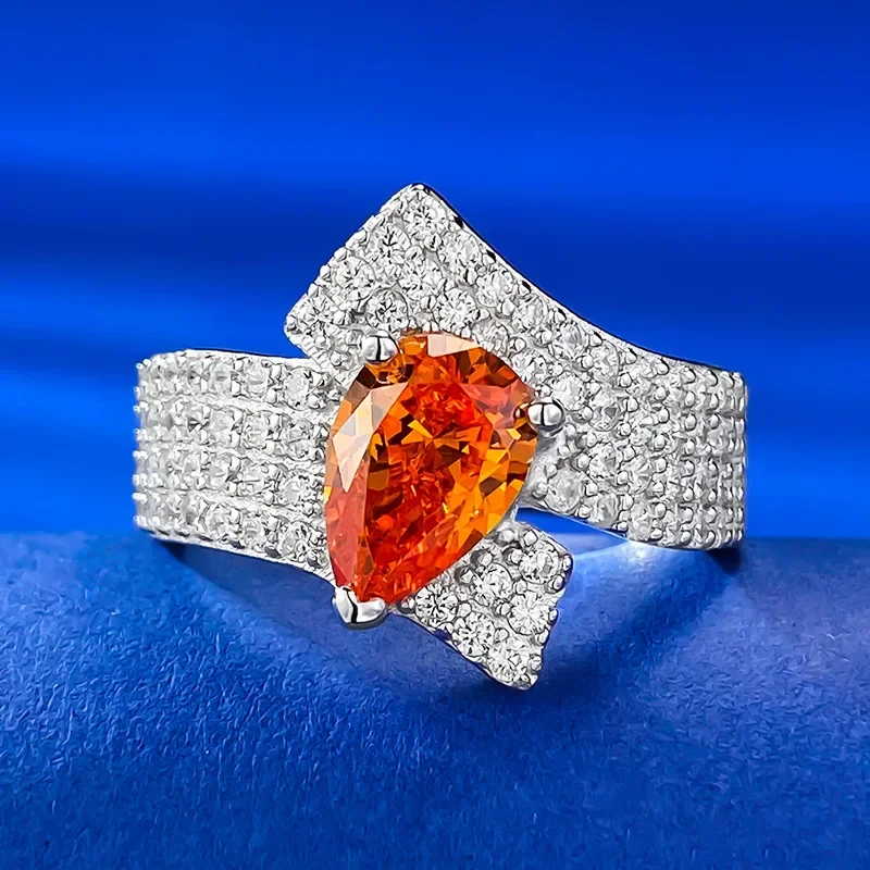 New 925 Silver 2 Carat Fenda Orange Micro Set with Diamond Ring Ring Ring 6 * 9 Pear Shaped Orange Playful Orange