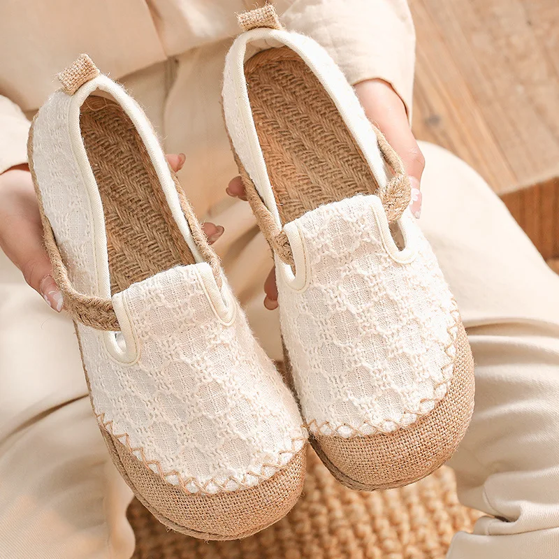 

Women's White/Pink Lace Decor Espadrille Loafers Comfort Flat Shoes for Daily Casual Cotton Linen Women's Cloth Shoes