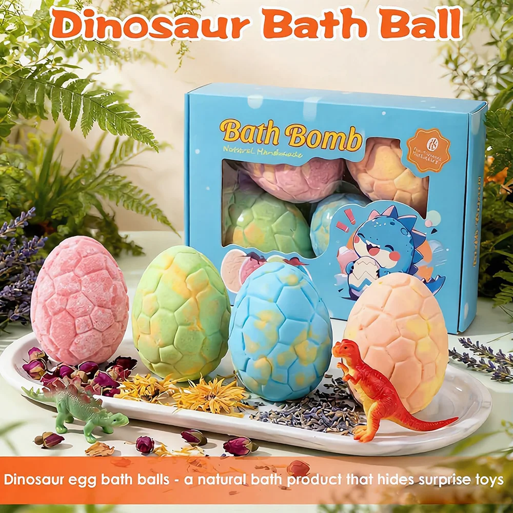 4pcs Dinosaur Bath Bombs Natural Organic Formula Fun Bubble Bath Fizzes for Daily Bath Time Birthday Christmas Gift