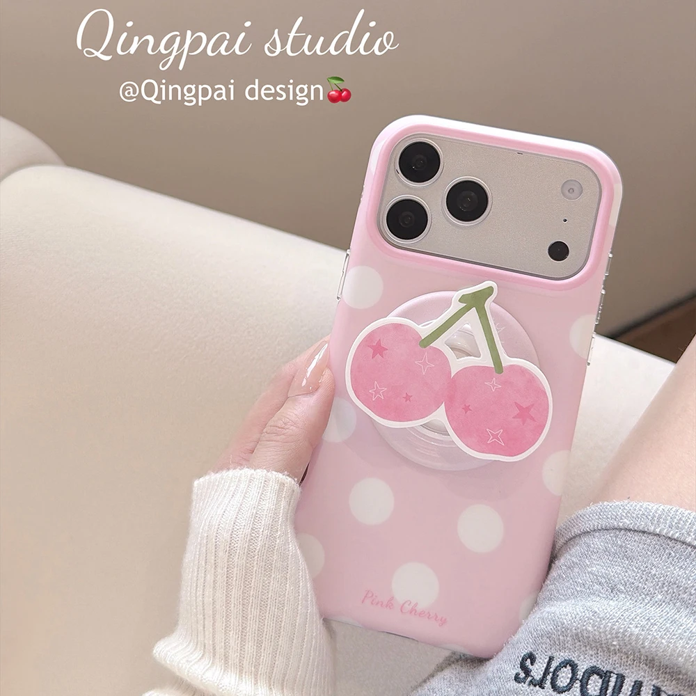 Cute Cherry Pink White Polka Dots Magnetic Grip Tok Phone Case for iPhone 17Pro 15 16 Pro Max Wireless Charge Cover for Magsafe