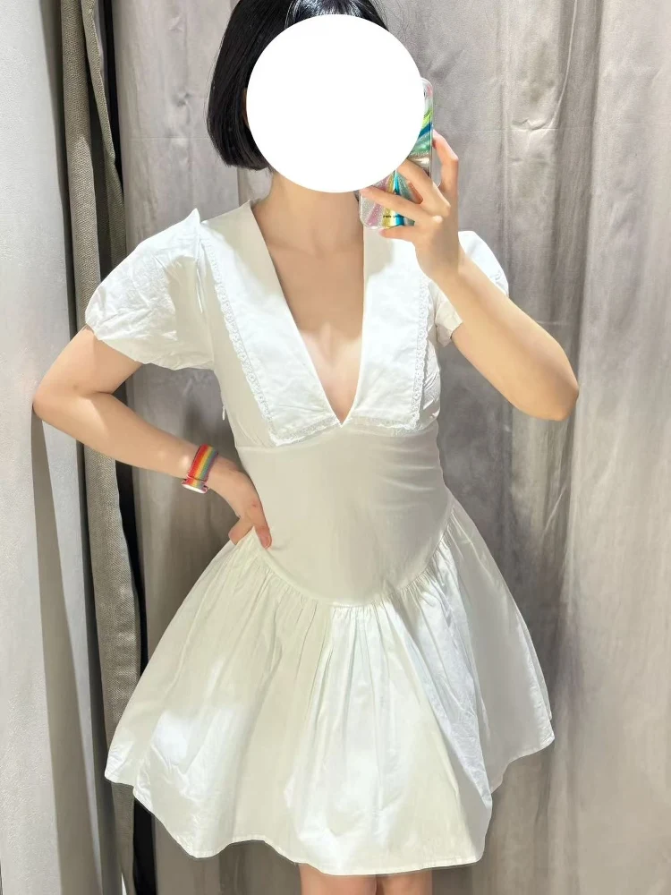 2025년 여름 신상 여성용 스위트 슬레 하이웨이스트 버블 스웨이드 코튼 거즈 드레스 브이넥 라운드 헴 A라인 스커트