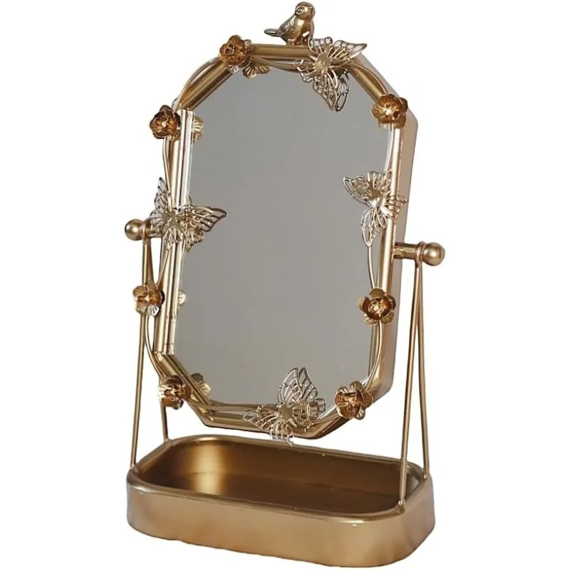 

Vintage Gold Tabletop Makeup Mirror, Bird & Decorative Vanity Mirror, 12.8” x 8.2” Retro Metal Standing Mirror Dre