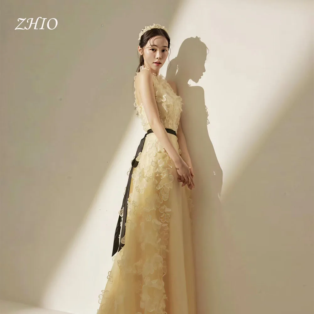 ZHIO Fairy Flowers Wedding Party Dress O-Neck Sashes Yellow Evening Dresses Korea Photo Shoot Bridal Gown Custom 2026 웨딩드레스