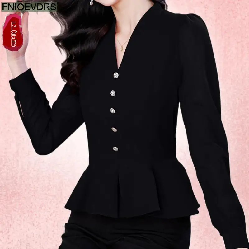 Office Shirts Basic Wear New Design Women 2024 Autumn Spring Work Lady V Neck Long Sleeve Black Purple Ruffles Peplum Top Shirt