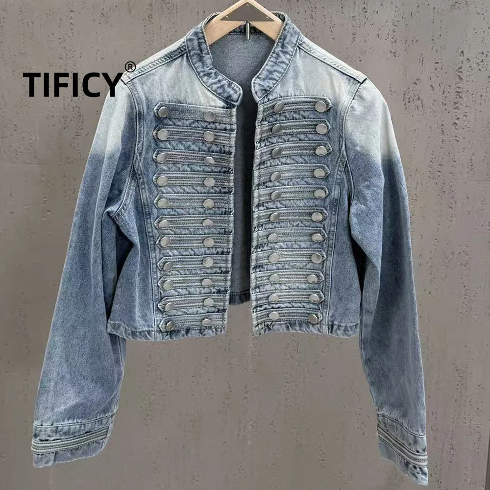 High Street Jeans Autumn New Round Neck Long Sleeved Double Breasted Denim Jacket Paired and Streetwear Shorts
