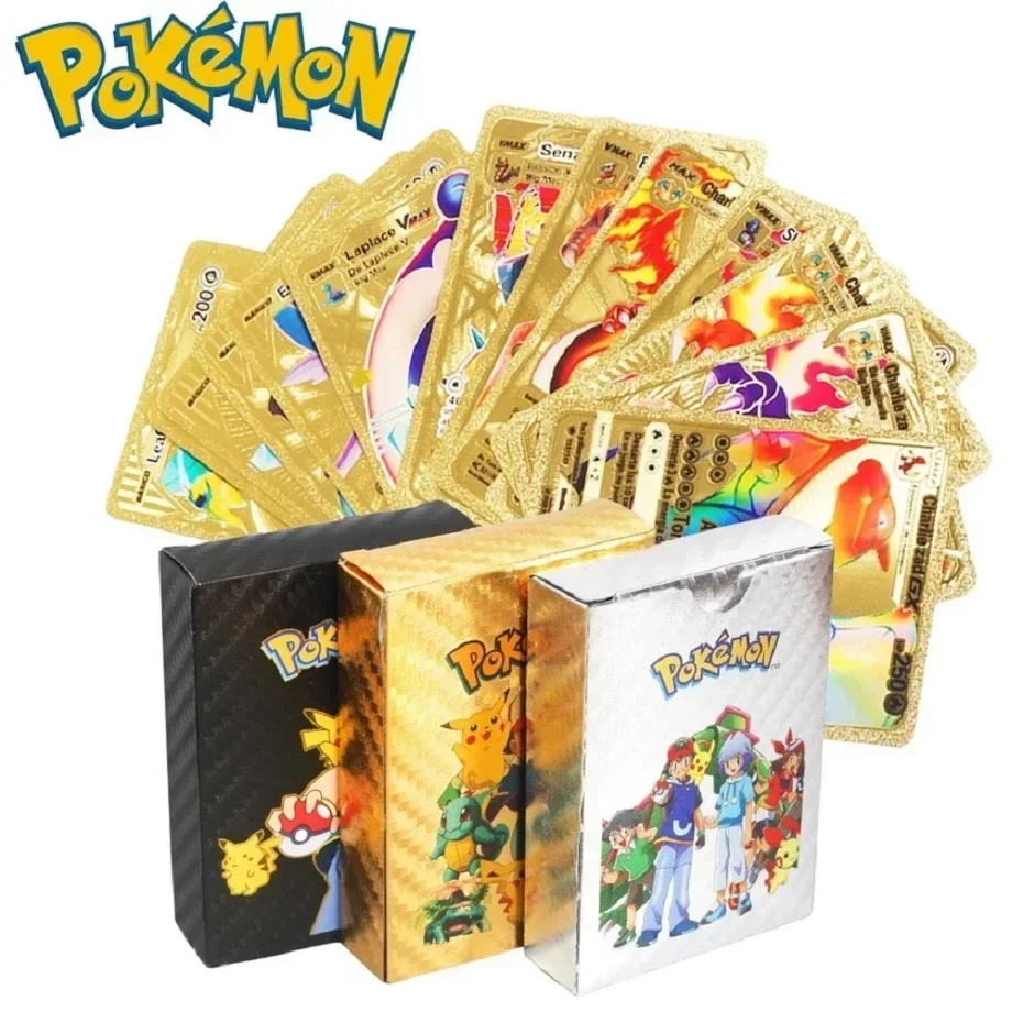 55Pcs Pokemon Gold Foil Card VMAX GX Cards English Spanish German Pikachu Charizard Arceus Colour Pokémon Cards Gift