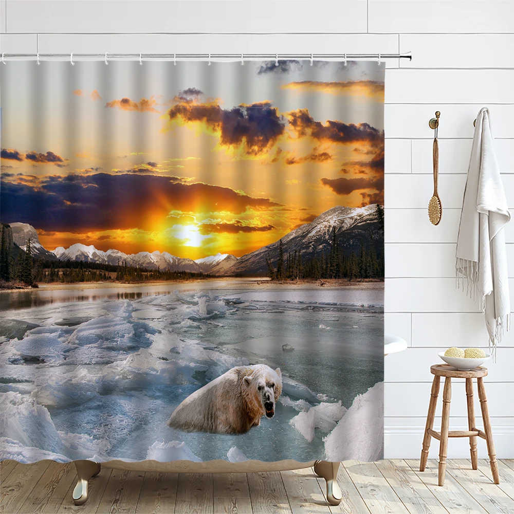 Polar Bear Shower Curtain Natural Landscape North Pole Ice Animal Sunset Dusk Ocean Cloth Bathroom Curtains Tub Screen with Hook