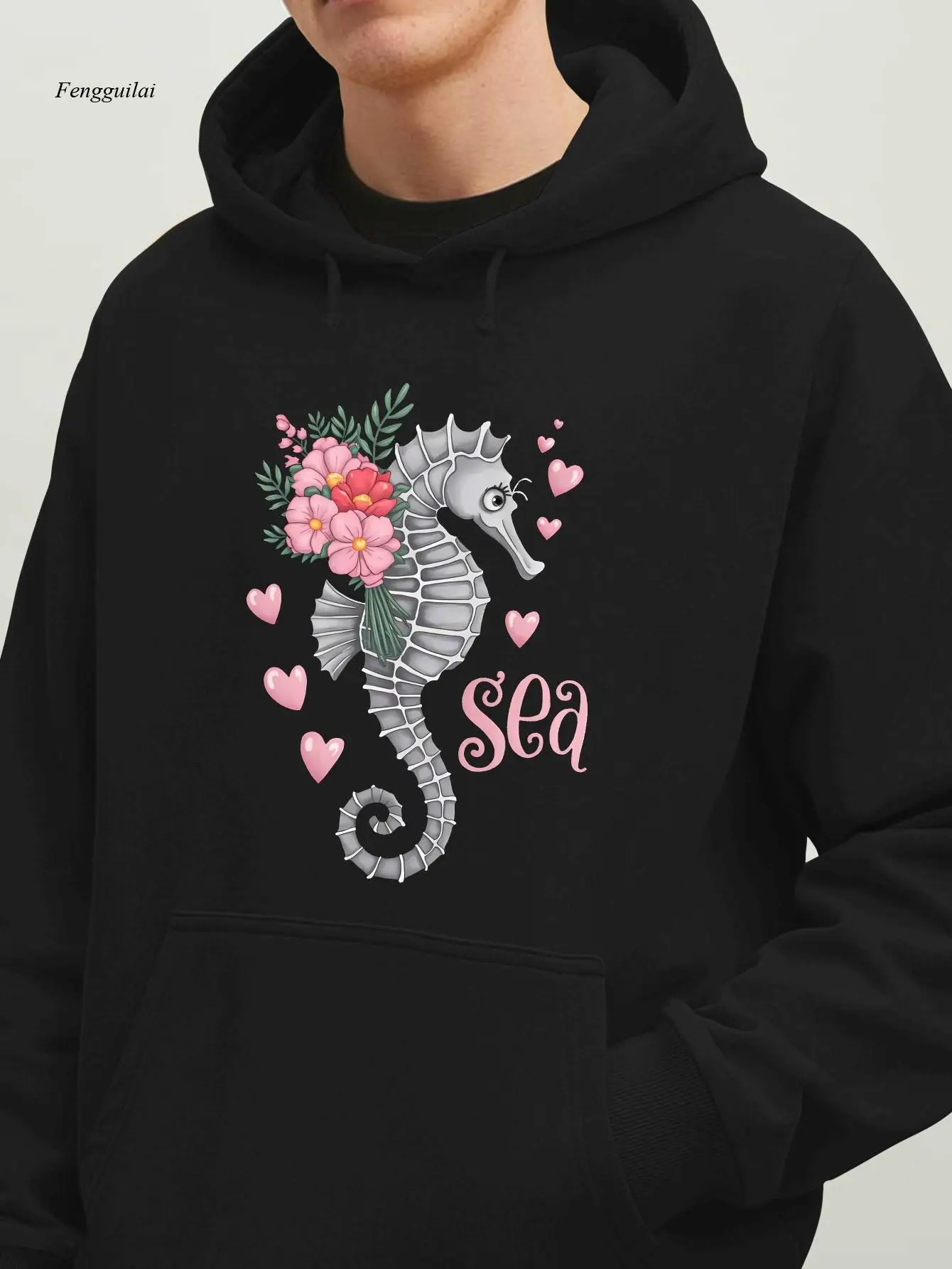

Толстовка с капюшоном с принтом морского конька и букета цветов — зимний теплый свободный пуловер, повседневная уличная одежда