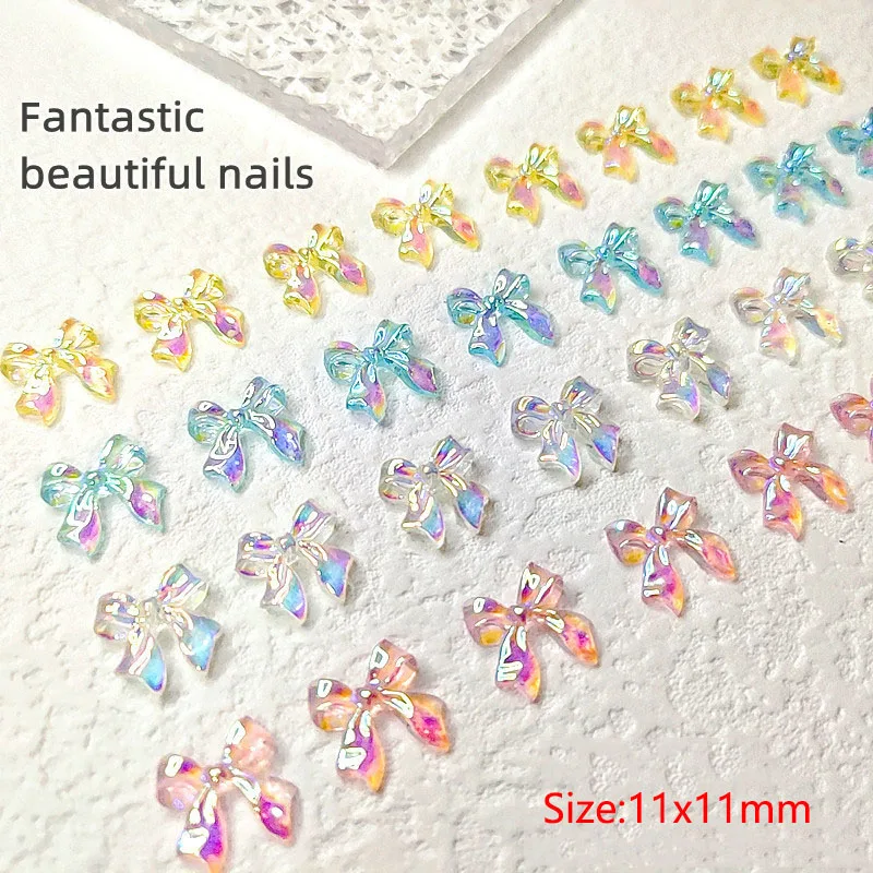 30/100Pcs Aurora AB 11x11mm Resin Bow Knot Nail Art Decorations Rhinestones DIY GIitter Transparent Manicure Design Accessories