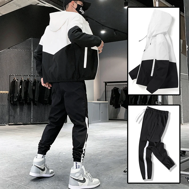 Dropshipping Patchwork Hip Hop Casual Men\'s Sets 2023 Korean Style 2 Piece Sets Clothes Men Streetwear Fitness Male Tracksuit