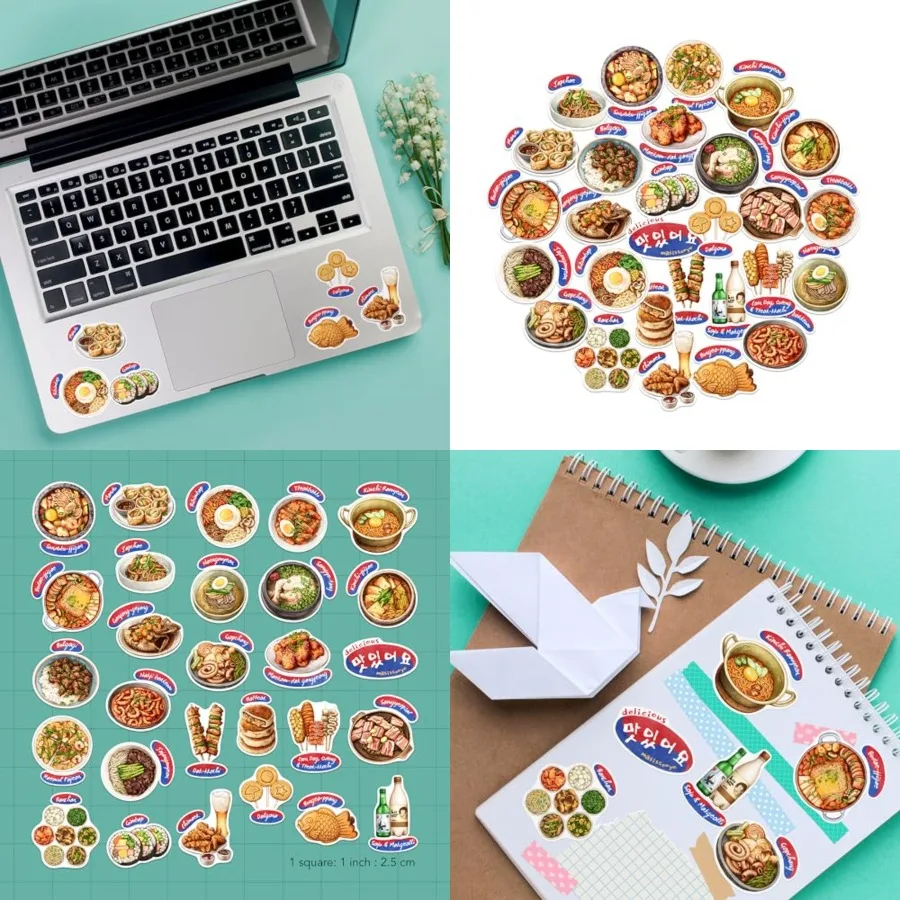 ملصقات الطعام الكورية الأصلية 28 قطعة - ملصقات طهي سيول المصورة يدويًا لمجلات كتب الطبخ والكمبيوتر المحمول