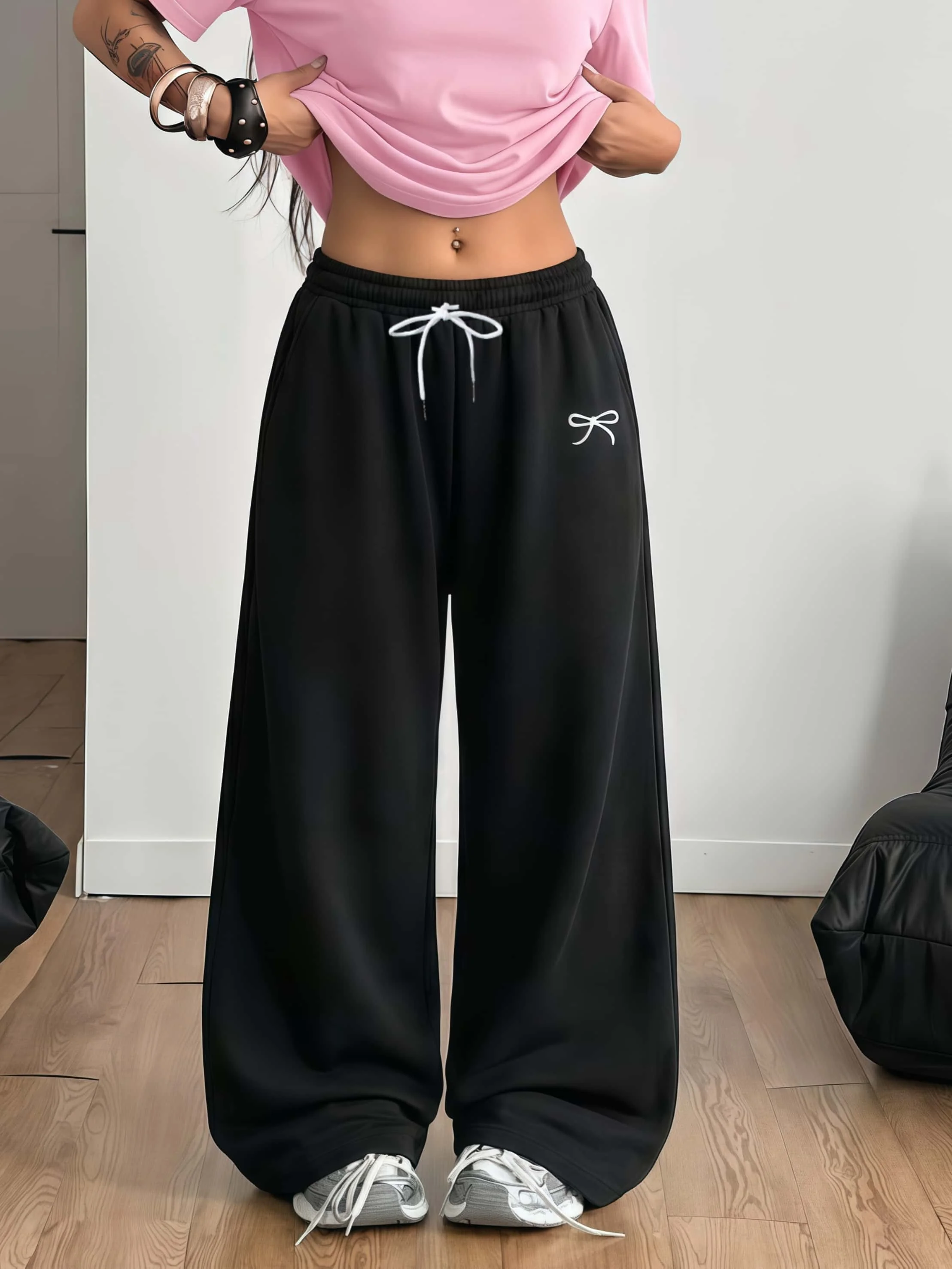 Simple White Bow Wide Leg Pants with Good Drape  Oversized Loose Casual Men's and Women's Sports Pants Basic Versatile Style