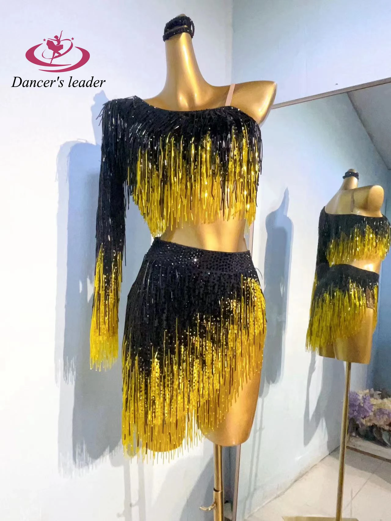 Vestido de strass para dança latina feminino, preto e amarelo, tubo de talão de cor dupla, vestuário de samba americano, personalizado