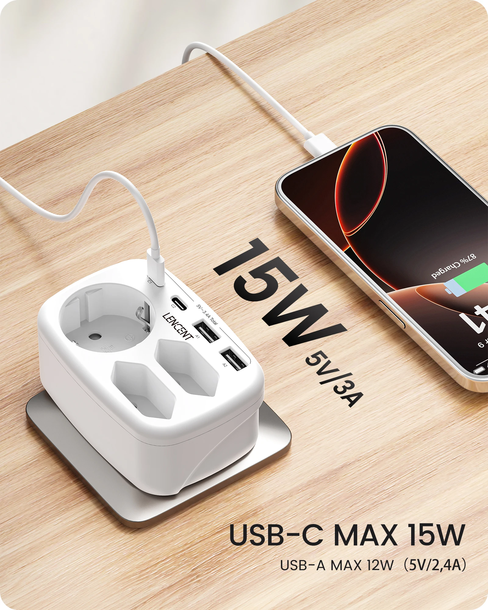 LENCENT EU Multiple Wall Plug 7 in 1 Socket with 3 AC Outlets 2 USB Ports and 2 Type C Multiple Plug Adapter for Home and Office