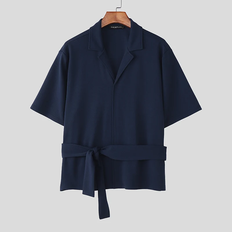 

INCERUN Мужская рубашка, однотонная, с лацканами, с коротким рукавом, на шнуровке, повседневная мужская одежда, уличная одежда, 2025 г., свободные модные мужские рубашки S-5XL