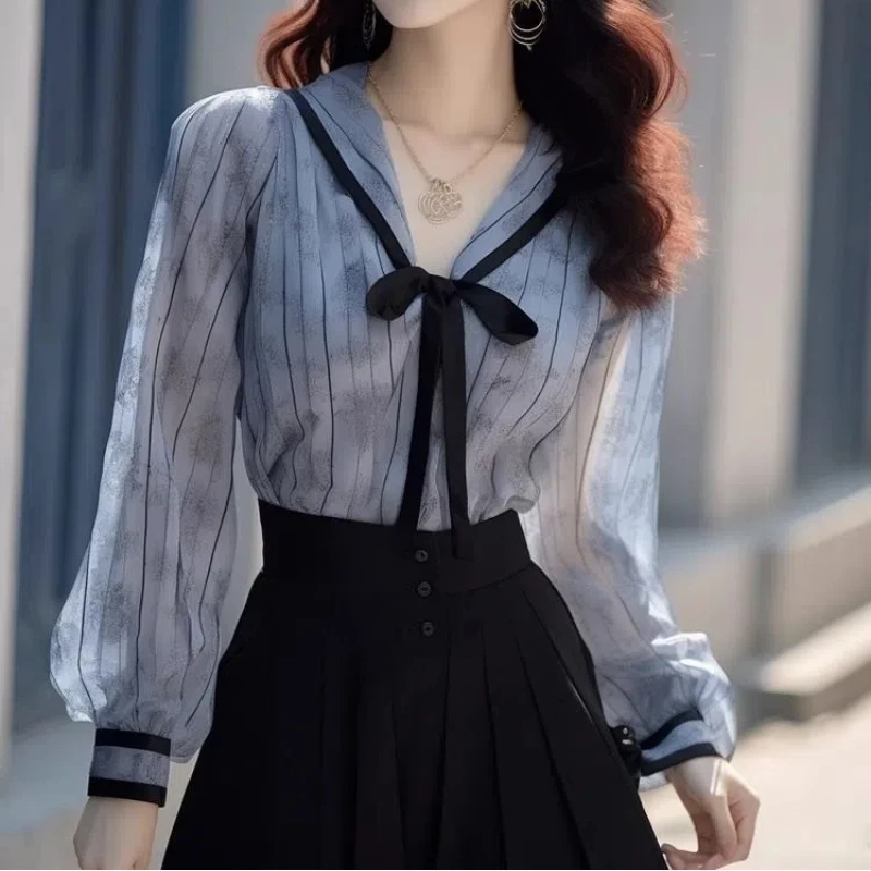 Temperament styl Preppy letni nowy damski marynarski kołnierzyk w paski nadruk z kokardą moda słodkie luźne koszule z długim rękawem topy