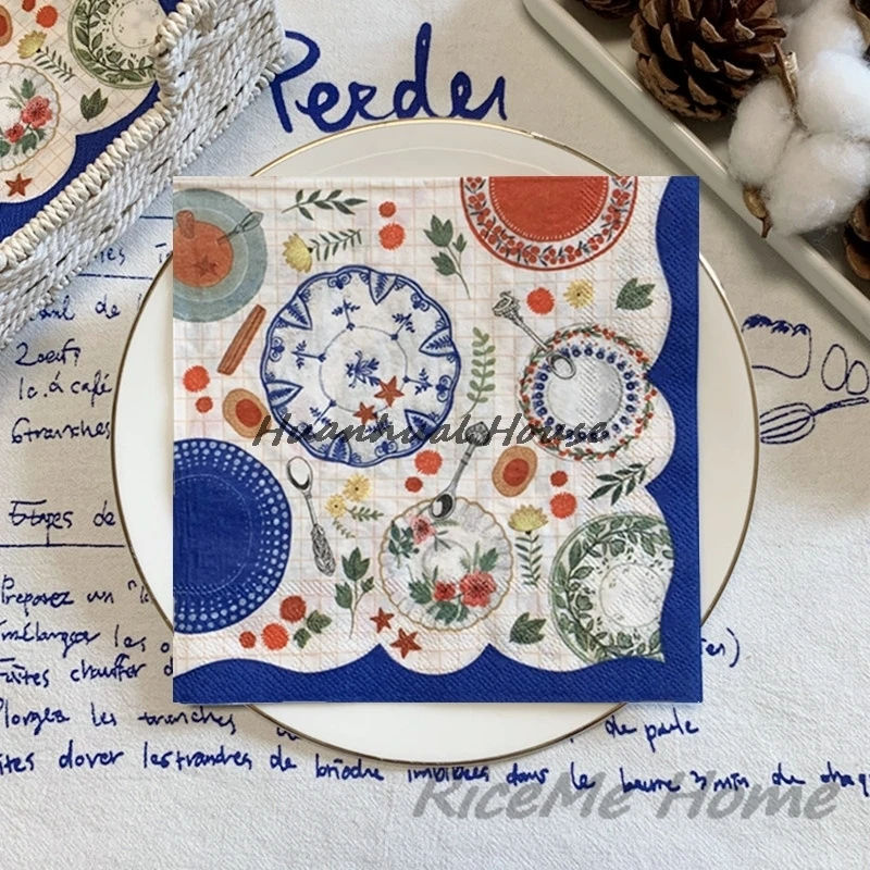 파티용 도자기 접시 장식 종이 냅킨, 꽃 종이 티슈, 웨딩 크리스마스 용품, 파란색과 흰색, 20 개/봉지