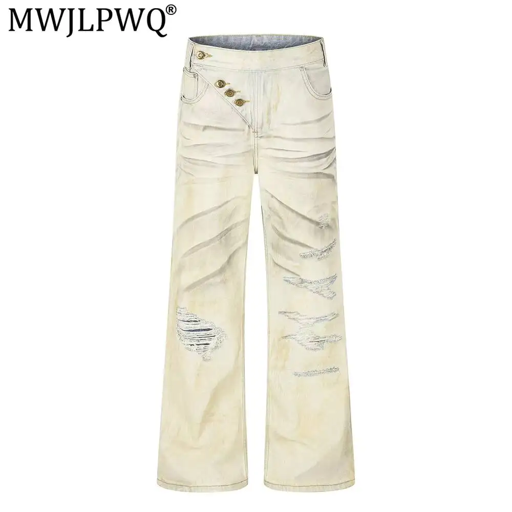 MWJLPWQ Mud-Yellow Dyed Ripped Denim Pants Male Distressed Design Dirty Unique Diagonal Buttons Slight Flare Cut Jeans 20118
