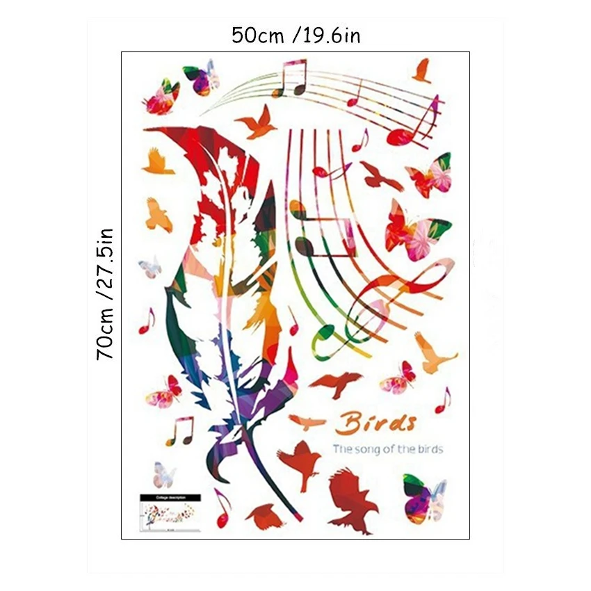 3D Feather Romantic Music Note Wall Decals Vinyl Stickers Kids Room Decoration for Home Nursery Cartoon Butterfly Bird Wallpaper