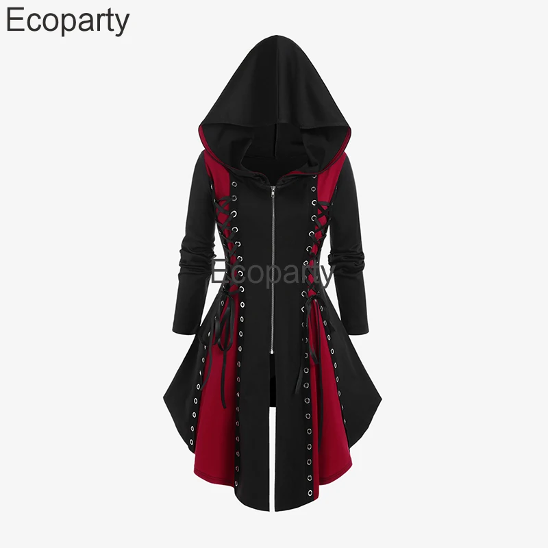 2023 Women's Lace Up Colorblock Gothic Hooded Coat Spring Autumn Long Sleeves Asymmetrical Zipper Sweatshirts For Women Hoodies