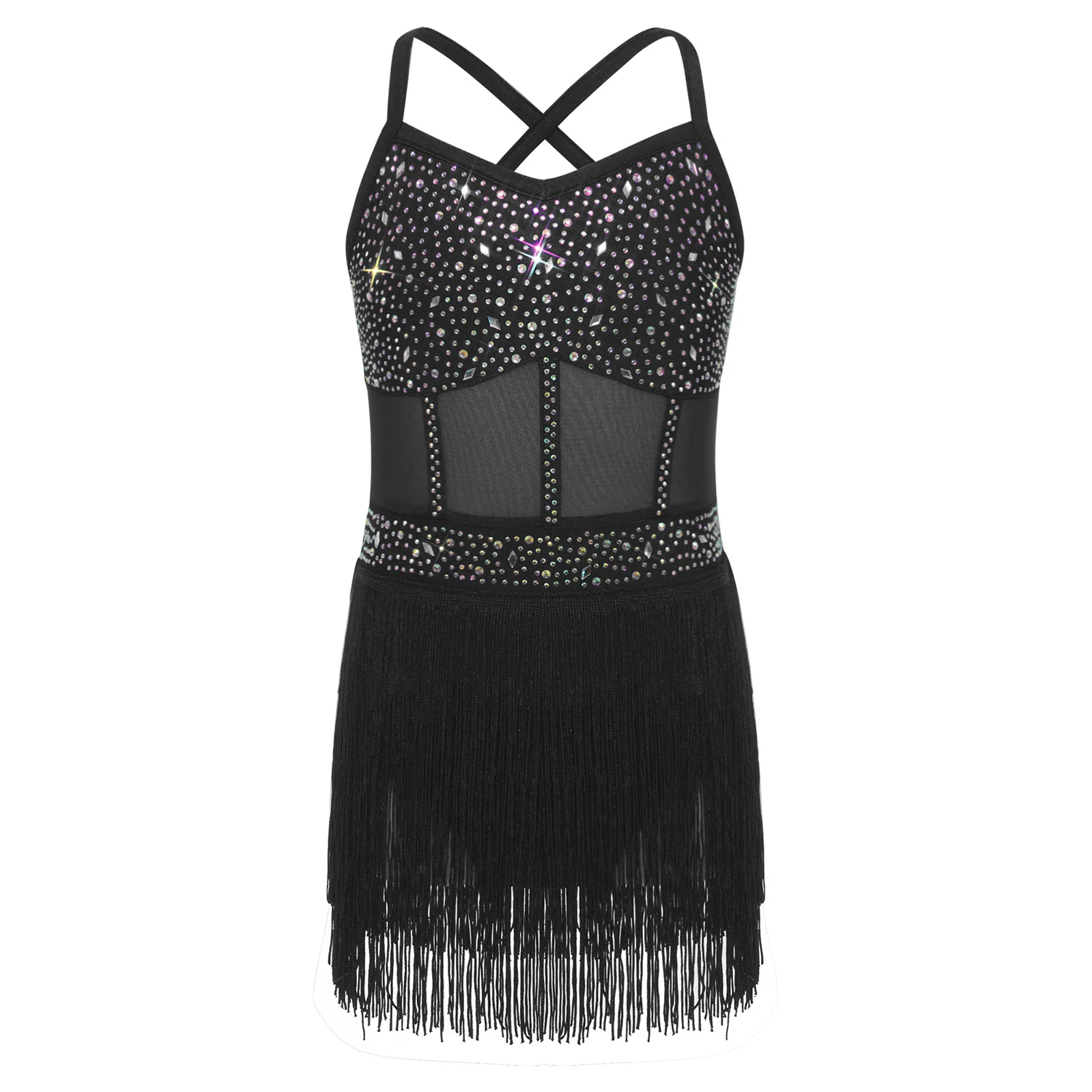 Meisjes Strass Tango Cha-cha Samba Salsa Kostuum Latin Dans Turnpakje Jurk Sheer Mesh Tiered Kwastje Omzoomd bodysuit Jumpsuit