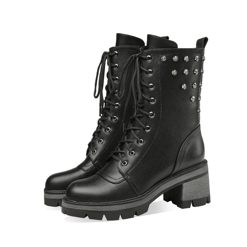 

British Style Retro Metal Rivet Locomotive Boots Lace-Up Zipper Square Heel Height Increase Slim Knight Boots Sexy Women's Boots