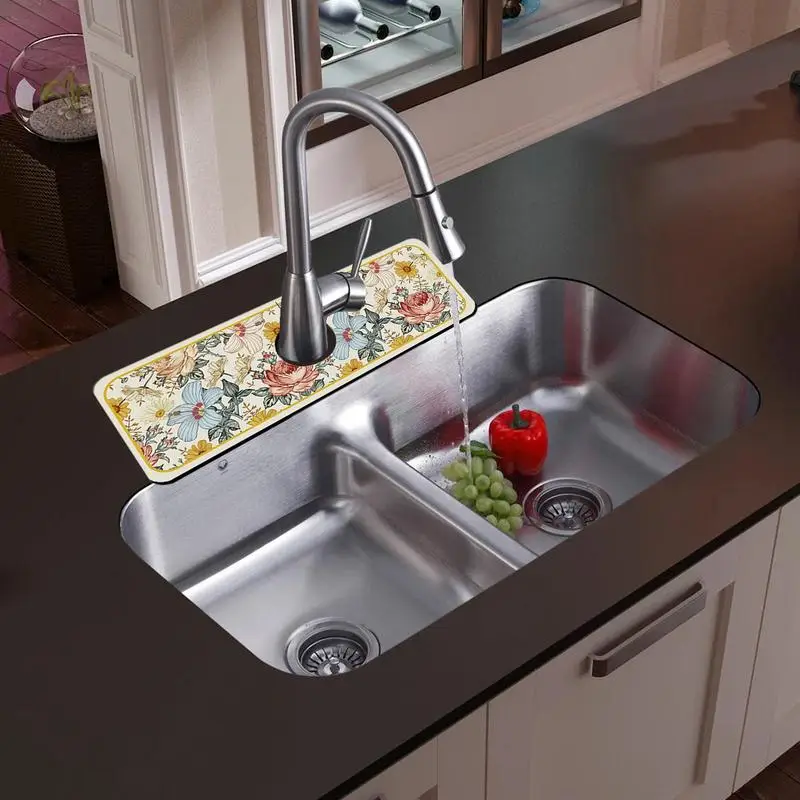 Kitchen Faucet Splash Guard Diatom Mud Floral Pattern Splash Guard Mat For Kitchen Quick Draining Pad Behind Faucet Countertop