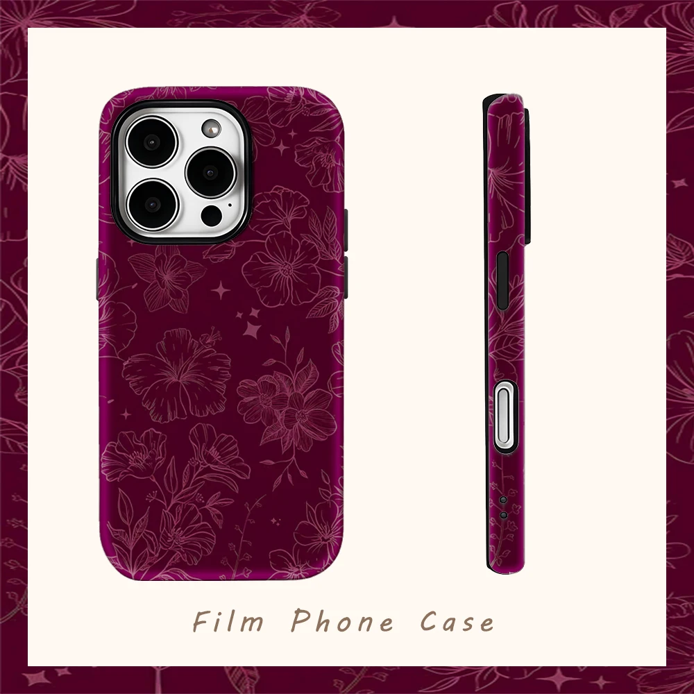 Burgundy Blooms iPhone Hülle - Doppelschichtige Rückabdeckung für iPhone 17/16/15/14/13/12/11/18 Pro Max Plus - Kompatibel mit Mehreren Modellen