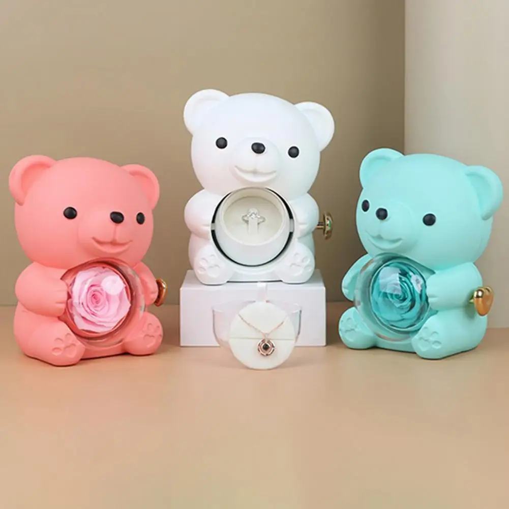 Preserved Rose Hug Bear Gift Box with Handbag Eternal Flower Rotating Bear Jewelry Holder Valentine's Day Acrylic Keepsake Box