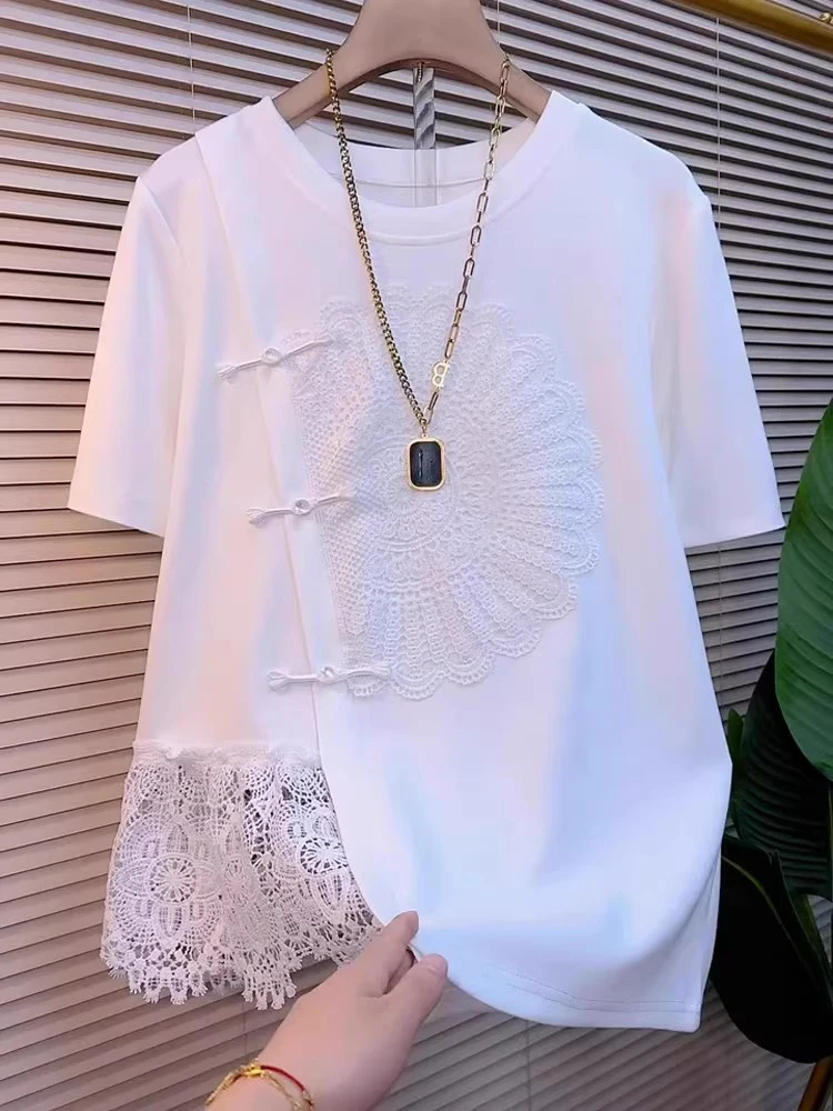 

plus Size Women's T-Shirt Lace Splice Short Sleeve Loose Irregular Top New Chinese National Style Summer Cotton round Neck