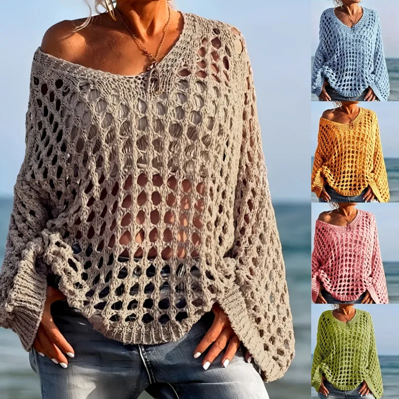 New Hollow Out Knitted Beach Cover Up Women Sunscreen Shirt Vacation Pullover Sweater See Through Sexy Summer Outdoor Blouse Top