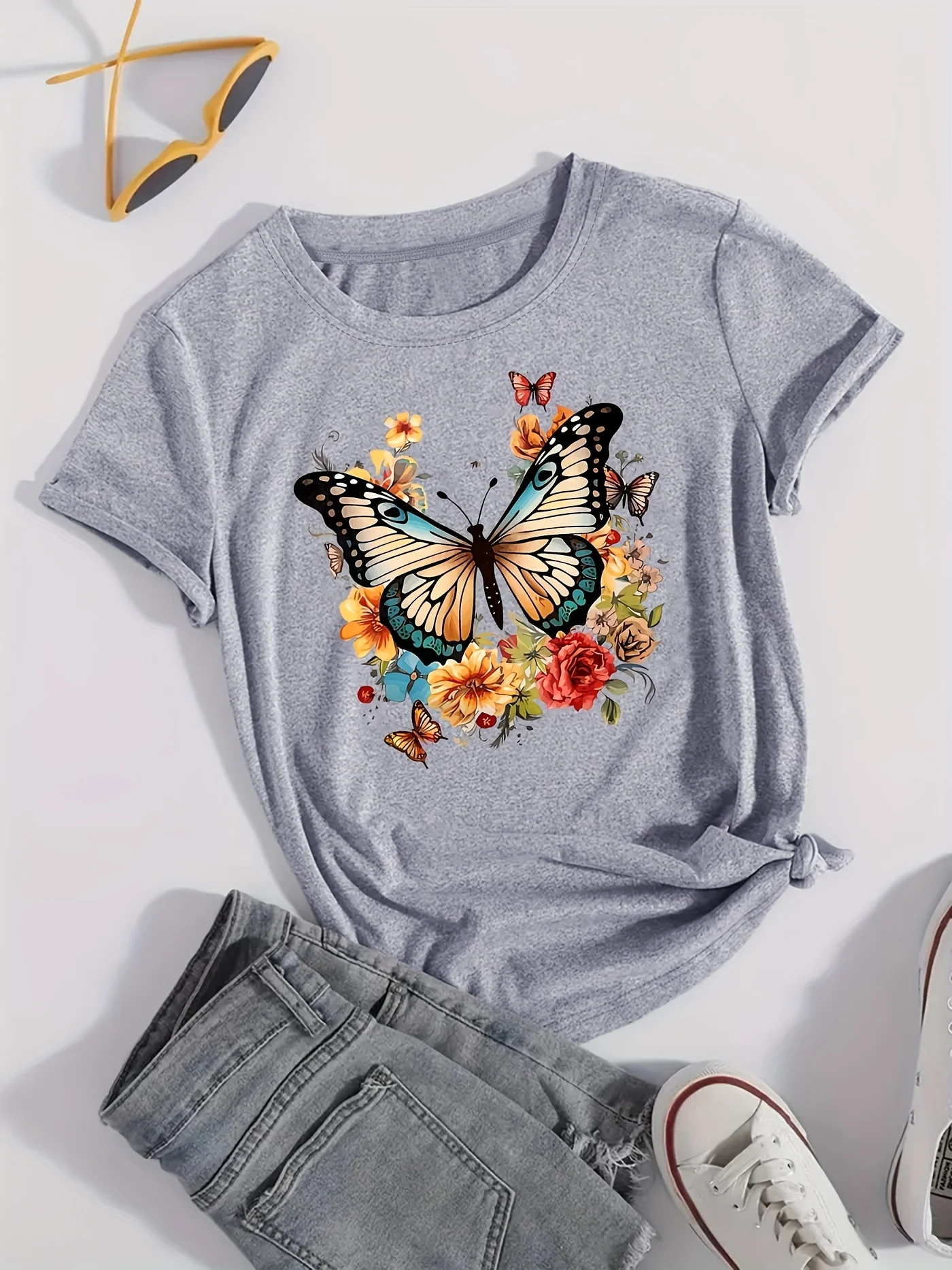 الفراشة والزهور تي شيرت مطبوع كم قصير طاقم الرقبة عادية للصيف والربيع الملابس النسائية y2k تي شيرت
