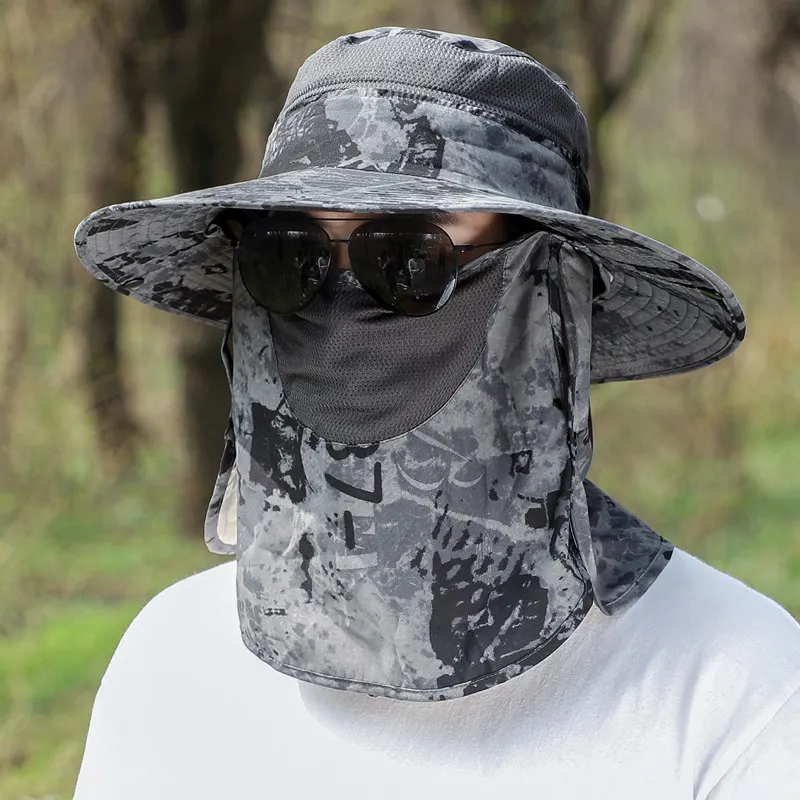 メンズサマーアウトドアフィッシング日焼け止めフェイスマスク迷彩柄フィッシングキャップショルダーショールフェイスカバーハイキングハット