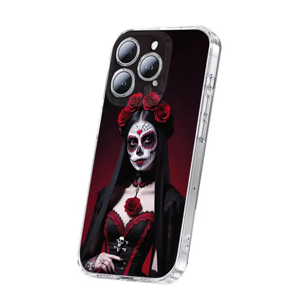 حافظة هاتف Skull Girl Catrina Day of the Dead Mexico لهاتف iPhone 17,16,15,14,13,12,11,Plus,Pro,Max,Plus,E,Air,Mini Transparent