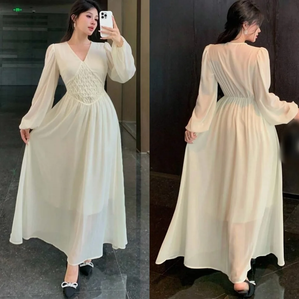 

Customized High Quality Chiffon Pleat A-line V-neck Midi Dresses Bespoke Occasion Intricate Matching