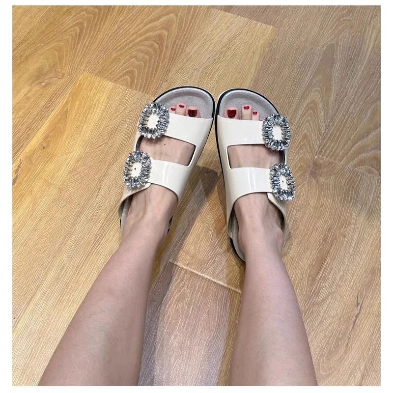 Modern Slides Ladies Top Quality Genuine Leather or Silk with Crystle Diamonds Buckle Summer Sandals New