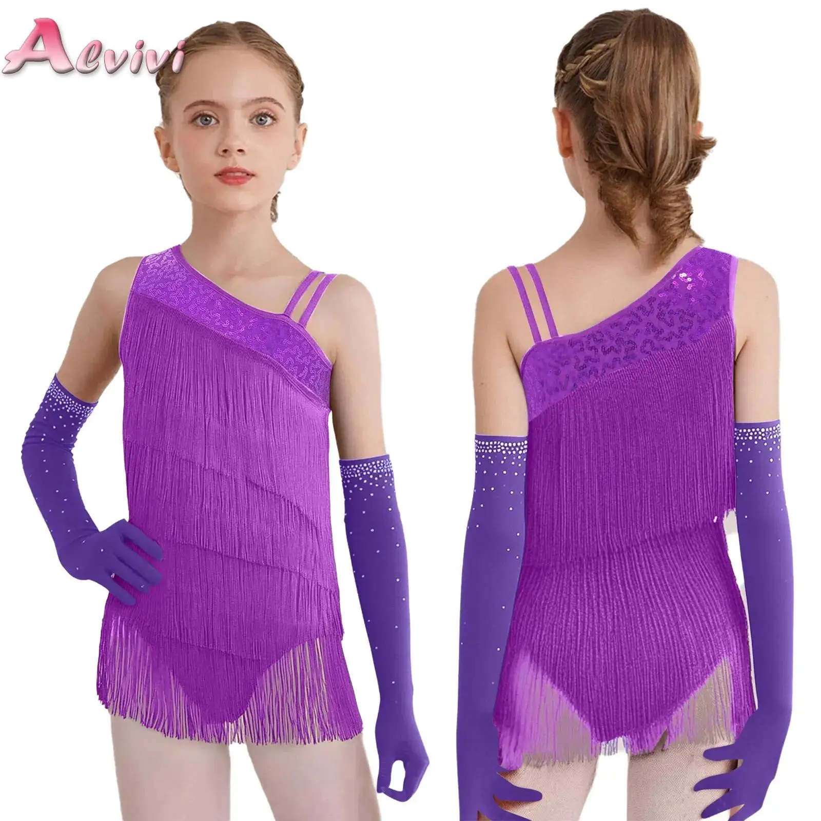 

Kids Girls Modern Ballroom Salsa Latin Dance Performance Costume Sleeveless Tiered Tassels Leotard Dress with Gloves Dancewear