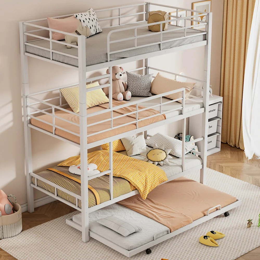 Children Beds Metal Twin Size Triple Bunk Bed with Trundle, Black Bunk Beds for Kids Furniture Children's Montessori Beds US