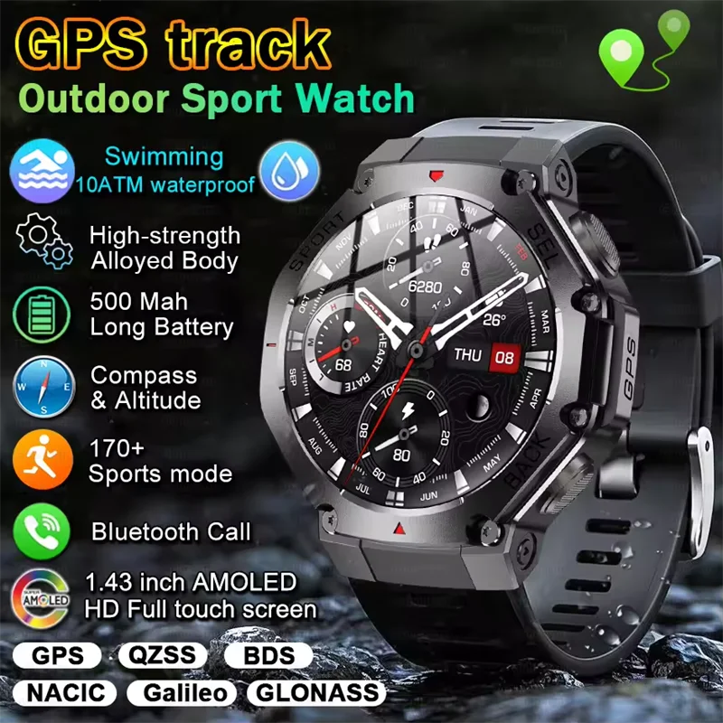 

2025 New For Huawei GPS Smart Watch Men 1.43inch AMOLED Screen 500Mah Battery Bluetooth Call 10ATM IP69K Waterproof Smart Watch