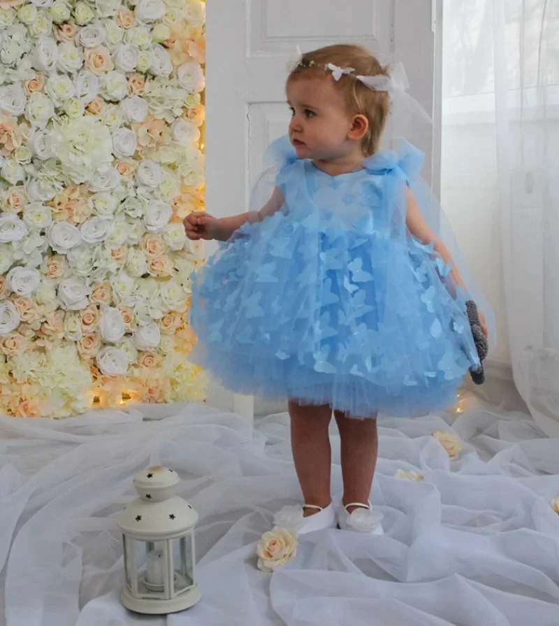 Vestidos de niña de flores azul cielo personalizados para boda, tul, mariposas, hinchadas, lindo vestido de actuación de fiesta de cumpleaños para bebé