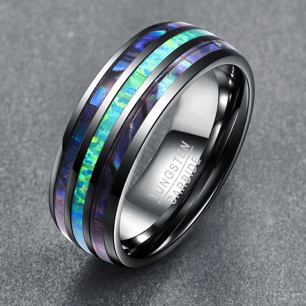 BONLAVIE 8MM Wide Polished Abalone Shell Tungsten Carbide Rings Dome Triple Grooved Opal Tungsten Steel Jewery Never Fade T082R