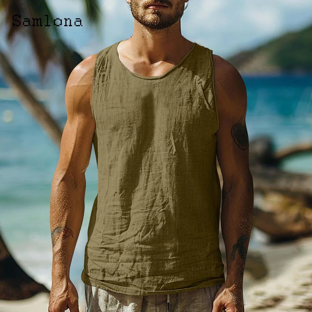 2025 الرجال أكمام تانك القمم جديد الصيف عادية القطن الكتان سترة س الرقبة الشاطئ البلوفرات مثير ملابس رجالي حجم كبير S-4XL #5