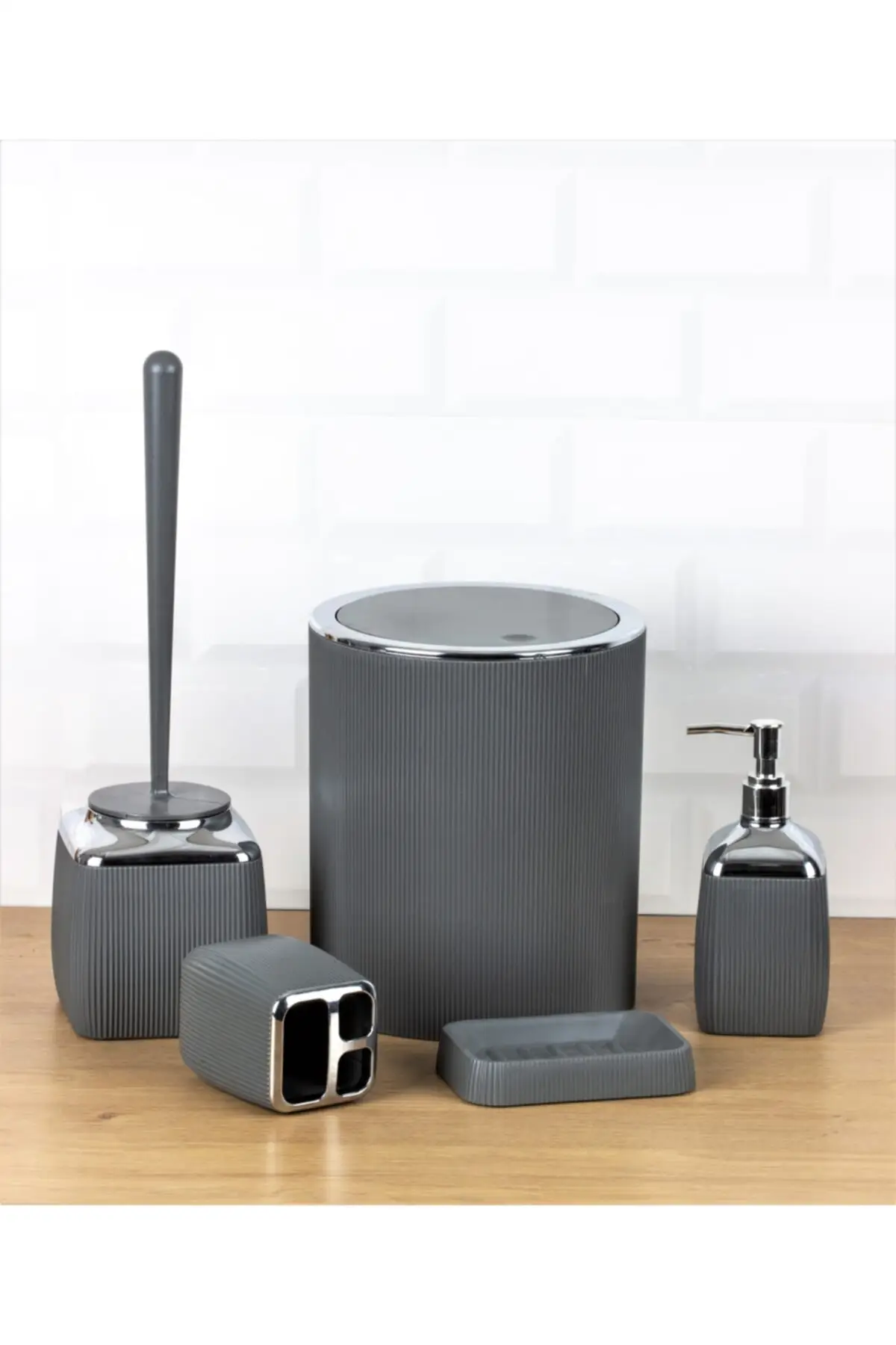 5 Pcs Chrome Striped Bathroom Set Toothbrush Holder, Liquid Soap Dispenser, Solid Soap Dispenser, Toilet Brush, Trash Can