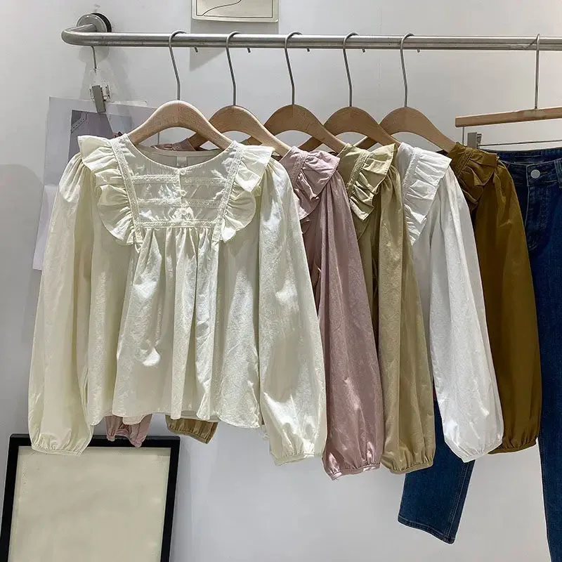 

Элегантная милая рубашка с длинным рукавом для женщин, ранняя осень 2021, новые Blusas De Mujer Y2k, белые блузки с оборками в стиле пэчворк и пышными рукавами