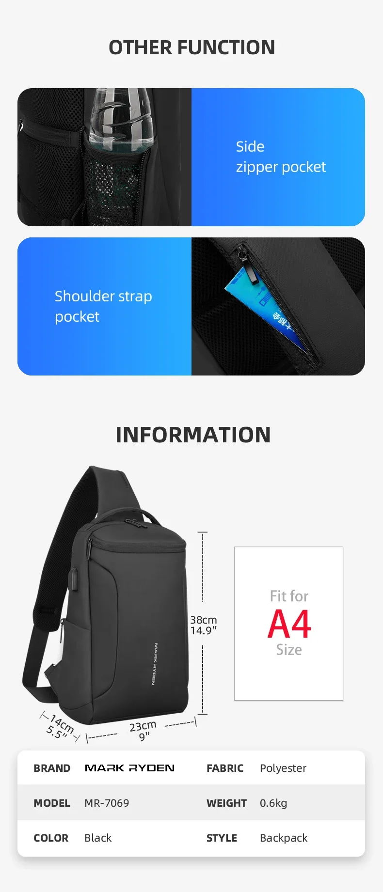 MARK RYDEN Multi-Pocket Crossbody voor heren, anti-diefstal, sling rugzak, schoudertas, waterdicht, lichte casual dagrugzak, geschikt voor 9,7 inch iPad, zwart, Small