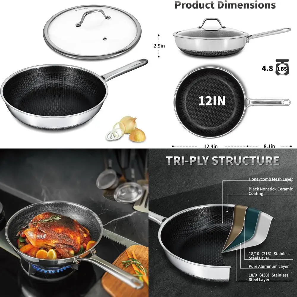 

12-дюймовая сковорода из нержавеющей стали с антипригарным покрытием и крышкой, совместимая со всеми варочными панелями, можно мыть в посудомоечной машине и в духовке, идеально подходит для