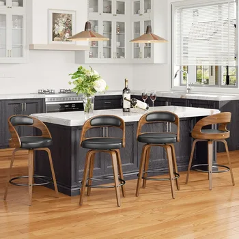 Conjunto de bancos de bar giratórios de 4, bancos de bar de madeira curvada com altura de balcão de 26