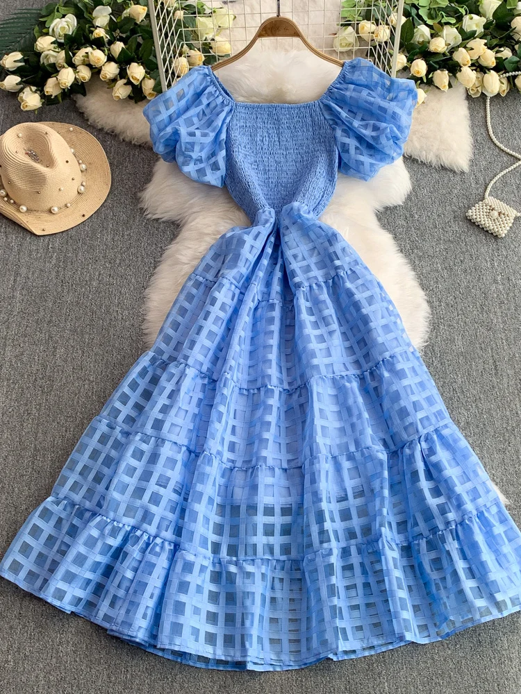 Vestido Estilo Princesa com Mangas Bufantes Verão Novo Cintura Alta Efeito Emaecimento Vestido Midi em A Estilo Coreano