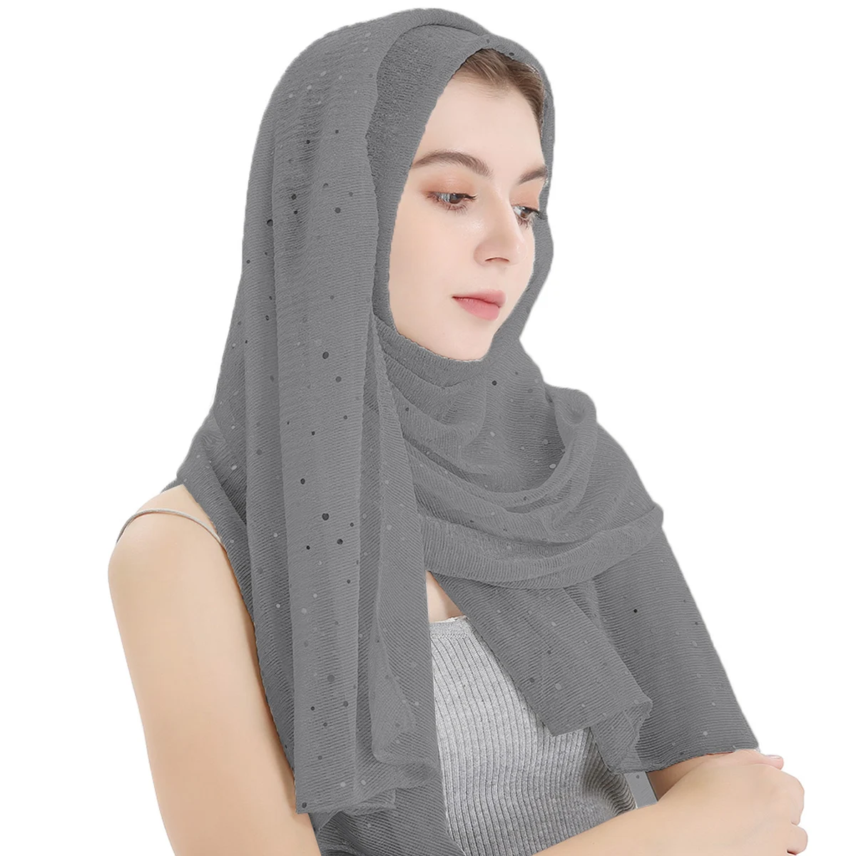 

1pc Glitter Muslim Headscarf Wrap Scarf Lightweight Seamless Muslim Hijab Cap Summer Shawl Ramadan Gift For Women (Grey)